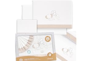 MIBEBESTORE Juego de Sábanas para Cuna 60x120 cm de Franela 100% Algodón | Sábanas de Invierno para Bebé, Cálidas y Suaves | Set 3 Piezas con Bajera Ajustable, Encimera y Funda de Almohada | Globos Beige