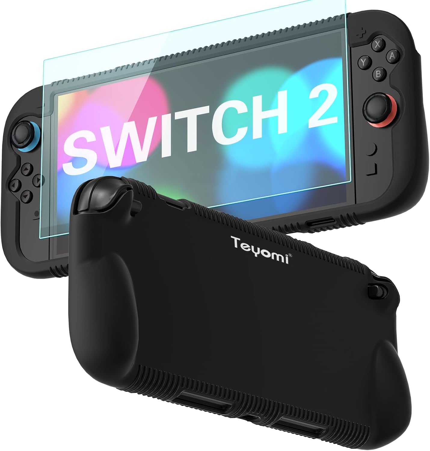 Teyomi Funda protectora de silicona compatible con Nintendo Switch 2, Carcasa para Nintendo Switch 2 con protector de pantalla de vidrio templado, Estuche con agarre ergonómico (Negro)