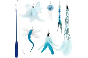SONGWAY Cat Feather Wand Stick Toy - 7 Pcs Cat Feather Toys, 1 Retractable Teaser Wand with 6 Tassel Dragonfly Cat Toy Refills, Interactive Cat Toys for Indoor Cats Kittens, Blue