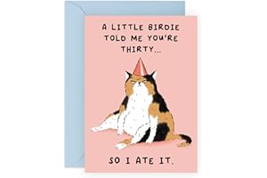 Kartka na 30. urodziny dla niej – 'A Little Birdie Told Me You're Thirty' – śmieszne kartki urodzinowe dla przyjaciół – uroczy kot kartka urodzinowa dla mężczyzn kobiet – w zestawie zabawne naklejki – wyprodukowana w Wielkiej Brytanii przez Central 23