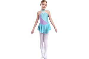 TiaoBug Maillot de Patinaje Artístico para Niñas Competición Vestido Lentejuelas de Baile Leotardo con Falda Tul Body Ballet Disfraz de Baile Actuación