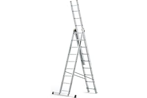 DRABEST Pro Sèries Échelle Multifonction en Aluminium 3x9 Escabeau à Trois Sections - Jusqu'à 150 kg - Hauteur de Travail 5,83 m Echelle Pliante - Crochet pour Seau Inclus