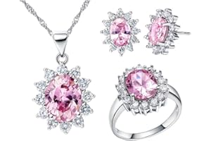 Uloveido Women Charm Flower White Gold Jewellery Necklace Earrings and Rings Set with Cubic Zirconia Crystal T466