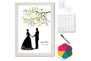 DIDART HANDMADE Libro de visitas. Personalizable. Marco Incluido. Sin Clavos. Cuadro de huellas Boda. Tamaño A3 + almohadilla de colores, rotulador, plantilla y soporte. Hecho en España (MODELO NOVIOS)