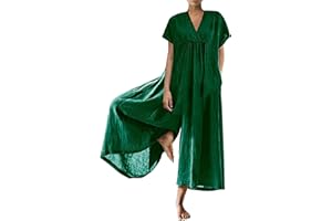 L9WEI Mono para mujer, con solapa, de lino, para verano, largo, oversize, monocolor, con bolsillos, manga larga, pierna ancha, puente