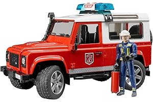 bruder 02596 - Land Rover Defender Station Wagon Feuerwehr-Einsatzfahrzeug, Feuerwehrmann, Feuerlöscher, Light & Sound Modul - 1:16 Löschfahrzeug Notruf bworld Auto Spielzeugfigur