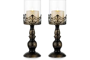 Sziqiqi Vintage Distressed Black Hurricane Candle Holders Set of 2, Versatile Metallic Pedestal Glass Floral Centerpiece Base for Wedding Party Home Fireplace Mantel Decoration 33cm/13in