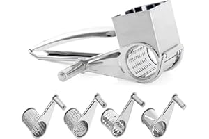 KONESKY Rotary Cheese Grater, Hand Grater with Handle, Graters for Kitchen with 4 Roller, Stainless Steel Kitchen Slice Shred Tool for Nuts, Ginger, Carrots, Chocolate, Cheese and Vegetables