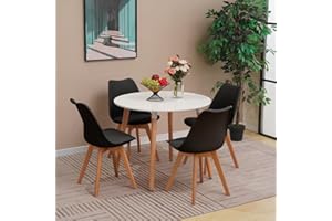 YULU Round Dining Table and Chairs Set 4, Mid Century Modern PU Padded Seat Lounge Chairs and 90cm White Kitchen Table with Solid Wood Legs (Black)
