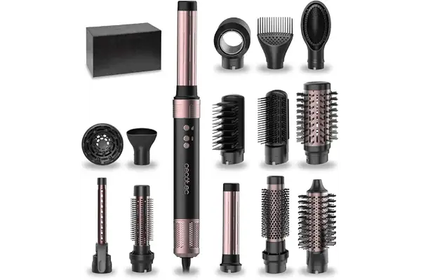 Cecotec Cepillo de Aire Caliente Secador Moldeador Alisador 14 Cabezales Tecnología Coanda CeramicCare 14in1 AirGlam Black. 1400W, Motor Digital, Elimina el Frizz, 3 Temperaturas