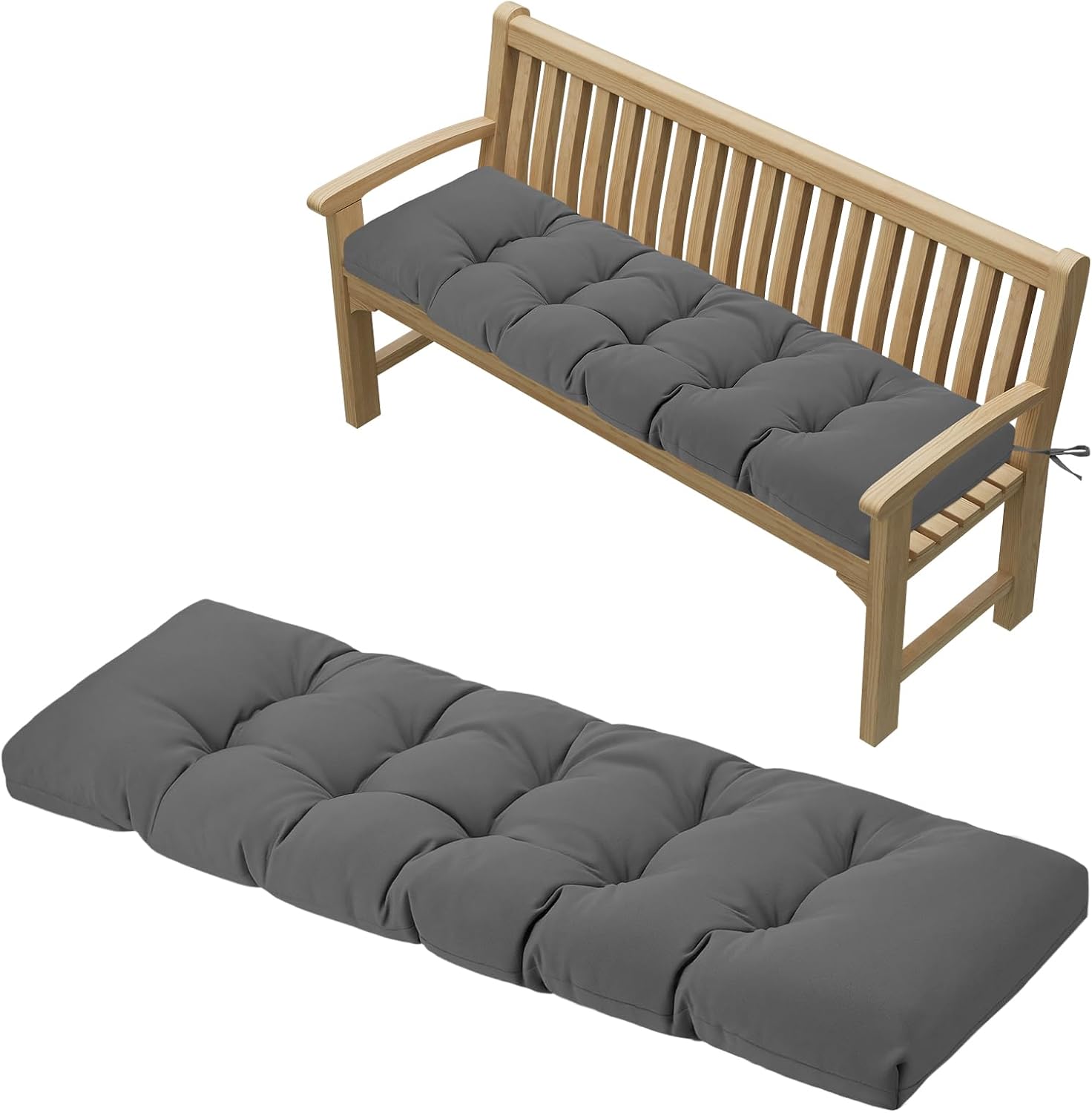 PRIMEPATIO Outdoor Garden Bench Cushion, 8cm Thick Tufted Waterproof Long Bench Seat Pad with Ties, Replacement Cushion for Patio, Lawn & 3 Seater Loveseat Furniture, 143x52cm, Dark Grey