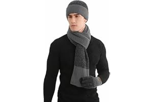 Hilmocho Herren Hut Schal Handschuhe Set 3 in 1 Winter Warm Gestrickte Mütze Lange Schal Touch Screen Handschuhe Geschenk Set