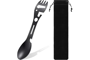 PATELAI Utility Travel Spork Functional Stainless Camping Spork All in One Spoon, Fork, Knife, Outdoor Steel Spoon for Scouts Camping Travel Eating Tool Easy to Store Cloth Case (Black)