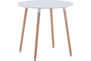 BenyLed Mesa de Cocina Redonda Moderna con Patas de Madera de Haya, Mesa de Centro Escandinava, Mesa Auxiliar para el Hogar, Cocina, Comedor, Oficina, 80 cm * 80 cm * 75 cm, Blanco