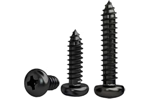 FandWay 50Pcs Self Tapping Screws Black,M4x12mm Wood Screws 304 Stainless Steel,Pan Head Self Drilling Screw,Round Head Sheet Metal Screw Phillips Drive for DIY WoodWork Repairs.