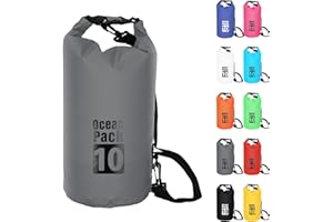 POPOYU 10L Grau Wasserdichte Tasche, Dry Bag 2L/5L/10L/15L/20L/30L mit Verstellbarem Gurt, Schützt Telefon/Karte, Roll Top Wasserdichter Beutel Rucksack für Schwimmen/Rafting/Kajak/Bootfahren/Camping/Strand
