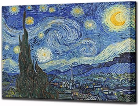 Starry Night Canvas Print Vincent Van Gogh Framed Wall Art Home Decor Picture Reproduction Ready To Hang High Quality Stretched Reproduction Home Decor (57 x 46 cm)