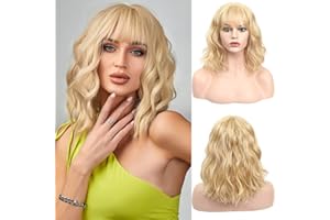 SOKU Blonde Wavy Bob Perruques Avec Frange 36cm Longueur Moyenne Synthétique Fabriqué À La Machine Fibres Naturelles Résistantes À La Chaleur Perruque Or Pour Les Femmes Cadeaux De Noël Quotidien…