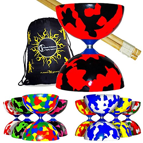 Juggle Dream Jester Diabolo Set (Blanc/Bleu)+ Diablo Baguettes en Bois, Ficelle Diabolo + Flames N Games Sac de transport.