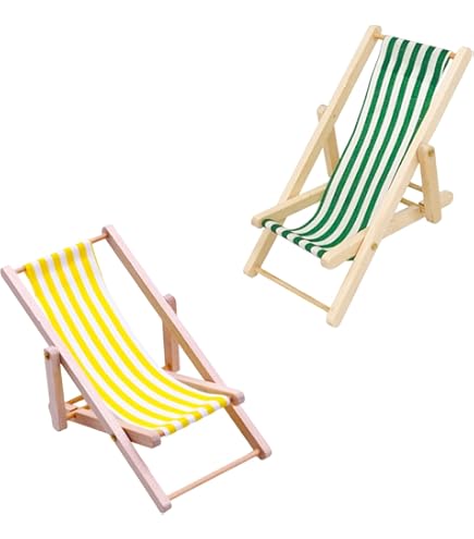 2 Miniatur-Strandstühle Aus Holz – Klappbar, Rot & Schwarz Gestreift, Für Puppenhaus & Deko