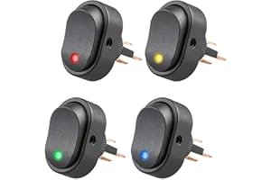Greluma 4 Pcs Interruptor palanca Interruptor basculante Impermeable LED Azul Verde Amarillo Rojo Iluminado 3P SPST Control encendido apagado para automóvil Barco Marina Auto Motocicleta, 12V 30A