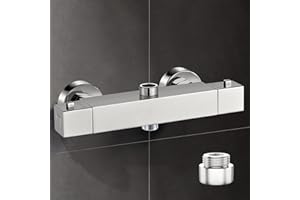 Solepearl Square Thermostatic Shower Mixer Bar Two Outlet, Chrome Brass Twin Outlet Bar Shower Valve, Shower Mixer Bar Dual Outlet with TOP 3/4" BSP (26.4mm) + Bottom 1/2" BSP (21mm)