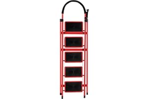 HUOLE Escabeau 5 Marches Antidérapant – Pliable Facile à Ranger – Maximale de 150 kg –Tabouret en Acier Marche Pied Adulte pour Maison, Cuisine, Garage, Bureau-152 x 87 x 39 cm - 5 marches (Rouge)