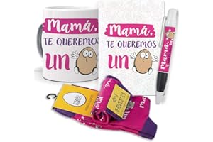 mundohuevo Super Regalo Personalizado Dia de la Madre. Mamá te Queremos un Huevo. Taza, libreta, boli y Trio de Calcetines