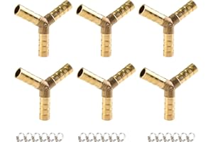 ANGEEK 6 sztuk mosiężnych złączek do węży, złączki do węży, 8 mm, łączniki zadziorowe, 3-drożne, mosiężne przyłącze tulejkowe w kształcie litery Y, z 18 klamrami