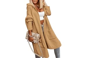 Fisoew Damska kurtka z dzianiny z kapturem, długi rękaw, gruby kardigan, rękawy nietoperza, płaszcz z dzianiny, na jesień, zimę, otwarty przód sweter