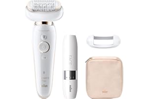 ‎BRAUN Braun Silk-épil 9 Flex, Epilierer Damen / Haarentferner mit flexiblem Kopf, inkl. Gesichtshaarentferner, kabellose Epilation, breiter Kopf mit 40 Pinzetten, 9-005, weiß/gold