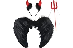 LGZIN Ailes d'ange, Ailes en Plumes Noir, Costumes d'ange Fête, Aile de Demon Noir avec Cornes de Diable Rouge et Bâton de Trident du Diable, Costume Aile d'ange pour Halloween, Carnaval, Cosplay