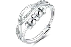 Bewenda Silber Anxiety Ring, 925 Sterling Silber Angst Ringe für Frauen Damen, Verstellbar Bead Spinner Fidget Ring mit Zirkon, Offen Einstellbar Anti Stress Ringe, Dekompressionsringe mit 5 Perlen