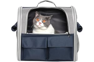 KIEPOAR Sac de Transport Chat Petit Chien 10kg Voyage, Grand Sac à Dos Spacieux Souple pour Animal avec 4 Entrées 3 Poches, Portable Pliable Respirant Panier pour Voyage en Train Voiture Avion