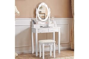 RELAX4LIFE Toeletta Trucco con Luci, Postazione Trucco con Sgabello e Specchio Girevole a 360°, Luminosità Regolabile, Tavolo da Trucco per Camera da Letto (Bianco, 75 x 40 x 146cm)