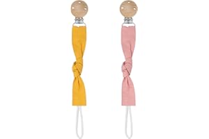 Hugttt Attache Tetine Tissu, 2 Pièces Attache Sucette Fille Garçon Accroche Tetine Bois, Pacifier Chain Chaîne de Tétine pour Bébé, Accessoires Tétine Cadeau Naissance(Rose+Jaune)