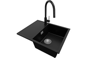 PRIMAGRAN Fregadero Granito Negro 62x50cm, Cocina 1 Seno + Grifo 40x20cm + Sifón, Sobre encimera al mueble 45cm - Ibiza