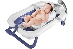 ‎SINBIDE Sinbide Groß Faltbare Baby Badewanne, Faltbare Babybadewanne mit rutschfestem Badekissen, Badewanne mit Thermometer zur Kontrolle der Wassertemperatur, Geschenke für Neugeborene und Kleinkinder (blau)