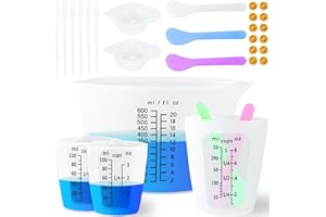 Creahaus Silicone Measuring Cups Tool Kit, Easy to Read 600ML Silicone Mixing Bowl with 250&100ML Silicone Resin Mixing Cup, Easy Clean Reusable Epoxy Resin Supplies with Stir Sticks, Pipettes