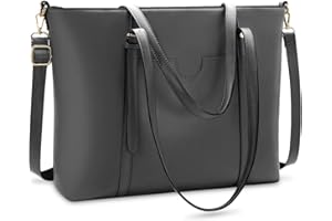 NUBILY Damska torebka, torba na laptopa, na ramię, 15,6 cala, skórzana duża torba na ramię, lekka, vintage, biurowa, damska, do pracy, w podróż, na zakupy, szary, Totes