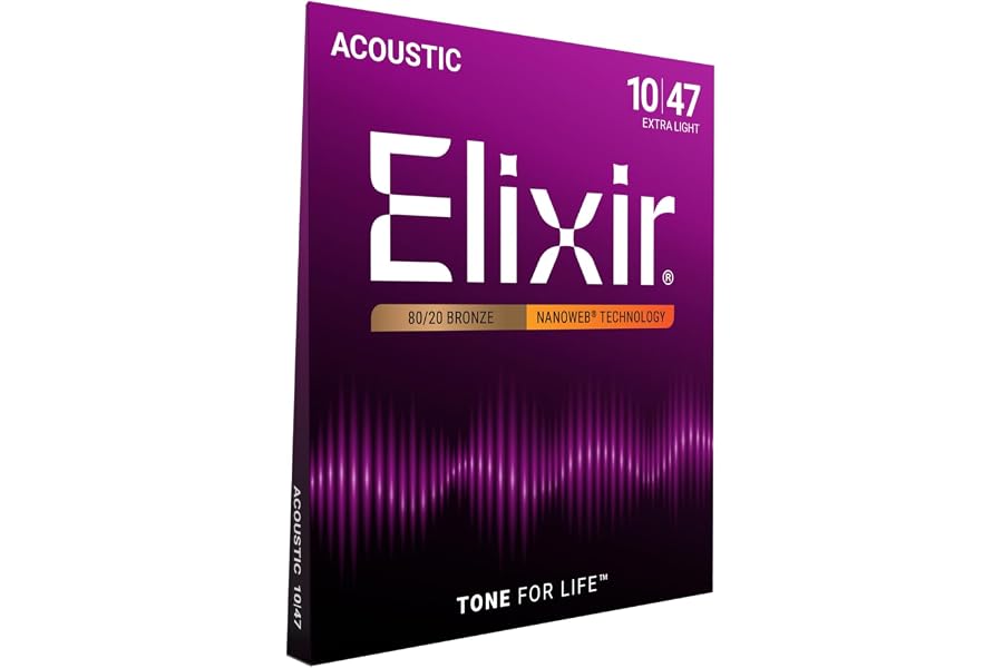 Elixir Cuerdas de guitarra acústica Strings de bronce en proporción 80/20 con recubrimiento NANOWEB, 1 Pack, Extra Light (10-
