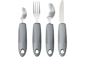 Jetisva Easy Grip Cutlery Set of 4 Gray Disability Aids with Knife Fork Spoon Large Wide Handled Arthritis Hands Aids Cutlery Adaptive Eating Drinking Utensils for Disabled People Elderly Parkinson