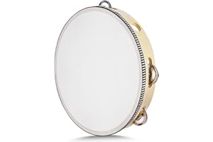 Flexzion Tambourin en bois 10 "pouces rangée 8 paires de grelots (Bois) Instrument Tambour de percussion de grelots en métal avec la poignée ergonomique pour jouet d'enfants adultes cadeau fête KTV