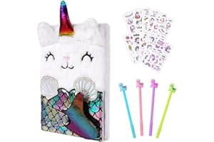 OFFCUP Diario Secreto Niña, Cuaderno de Felpa Niña, Sirena Diario Secreto con 4pcs bolígrafos y 10pcs Lindas Pegatinas, Papelería de Peluche Set, Aplicable a Niña Regalos de Cumpleaños