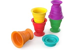 Baby Einstein, Stack & Squish Cups, 6 ventose impilabili, giocattolo educativi e multisensoriale per spiaggia, al bagno e giochi a terra, 6pz, per età dai 3 mesi in su
