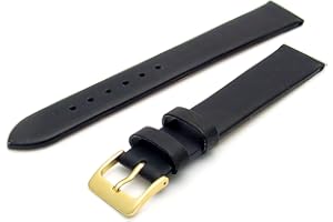 WATCHWATCHWATCH Fine Calf Leather Watch Strap Band 18mm Extra-Long XL Black with Gilt (Gold Colour) Buckle. Free Spring Bars (Watch Pins)
