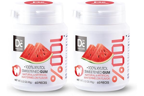 DC24 DAILY CARE Tuggummi med 100% Xylitol, utan aspartam, Vattenmelonsmak, Glutenfri, Vegansk, 60 bitar, Förpackning med 2 st