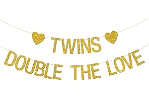 MERRSHIN Twins Double the Love Banner - Baby Shower Party Supplies - Twins 1st Birthday - We are One Oh Babies Party Decorations - Gold Glitter