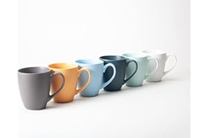 Hanseküche Zestaw kubków do kawy 6 x 360 ml, filiżanki do kawy z wysokiej jakości masywnej ceramiki, duże uchwyty, do kawy, herbaty, duże kubki, nadają się do mycia w zmywarce, nowoczesne (kolorowe