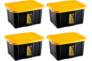 AC - Pack de 4 Cajas de almacenaje apilable con Tapa, plástico, cajón Multiusos, ordenación, Herramientas, hogar, Fabricada en España (Amarillo y Negro - 17 litros - 39,5 x 31,5 x 22 cm)